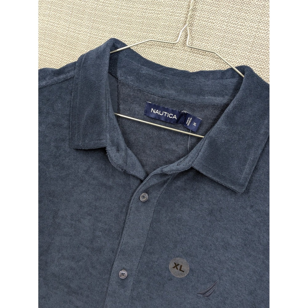 Nautica Shirt Mens XL Blue Solid Terry Knit Short Sleeve Button Up Casual